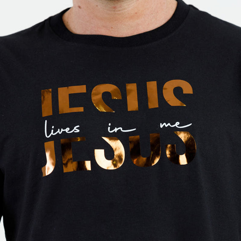 Christiandiscipleshop Glamorous Faith Jesus Lives in Me Gold Text Christian T-Shirt