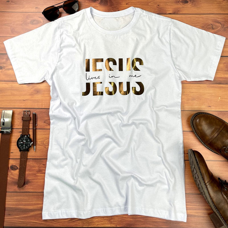 Christiandiscipleshop Glamorous Faith Jesus Lives in Me Gold Text Christian T-Shirt