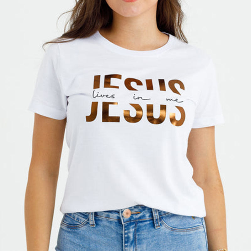 Christiandiscipleshop Glamorous Faith Jesus Lives in Me Gold Text Christian T-Shirt