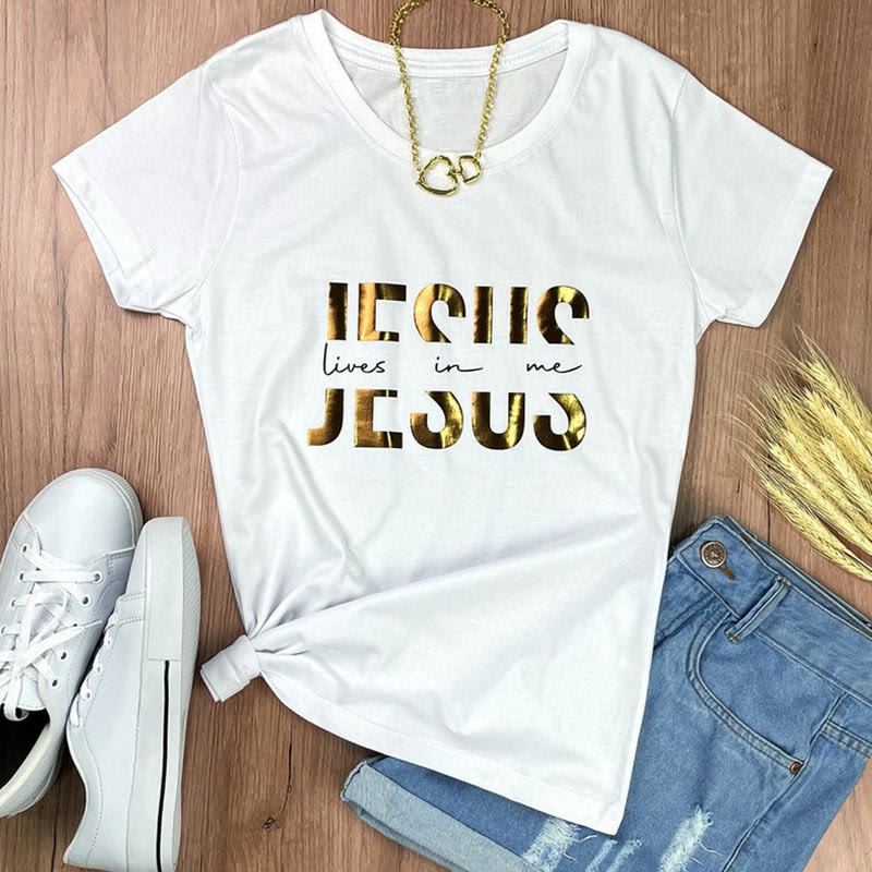 Christiandiscipleshop Glamorous Faith Jesus Lives in Me Gold Text Christian T-Shirt