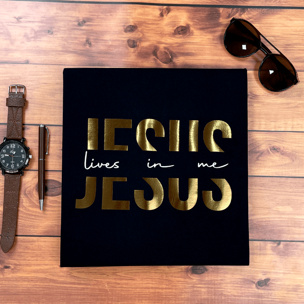 Christiandiscipleshop Glamorous Faith Jesus Lives in Me Gold Text Christian T-Shirt