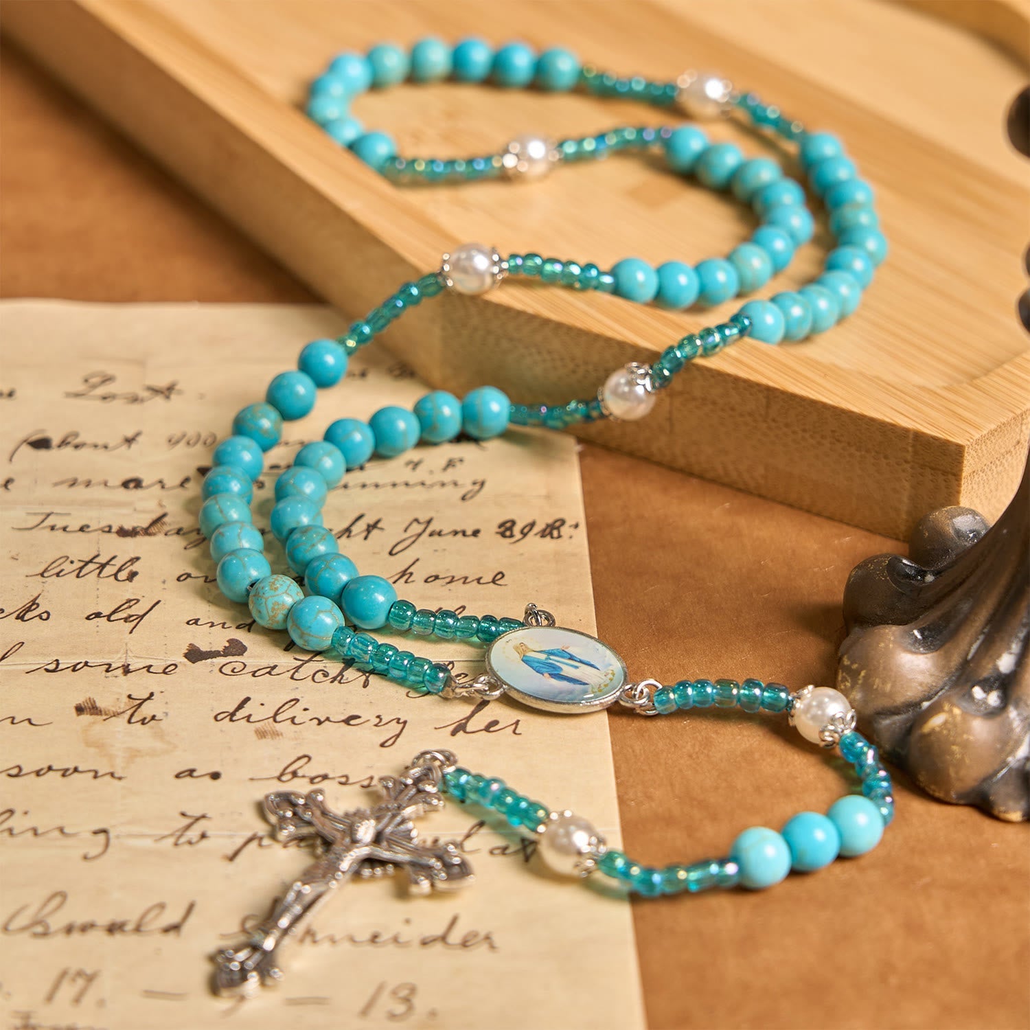 Christiandiscipleshop Our Lady Medal & Crucifix of 8mm Blue Turquoise Round Beads Rosary