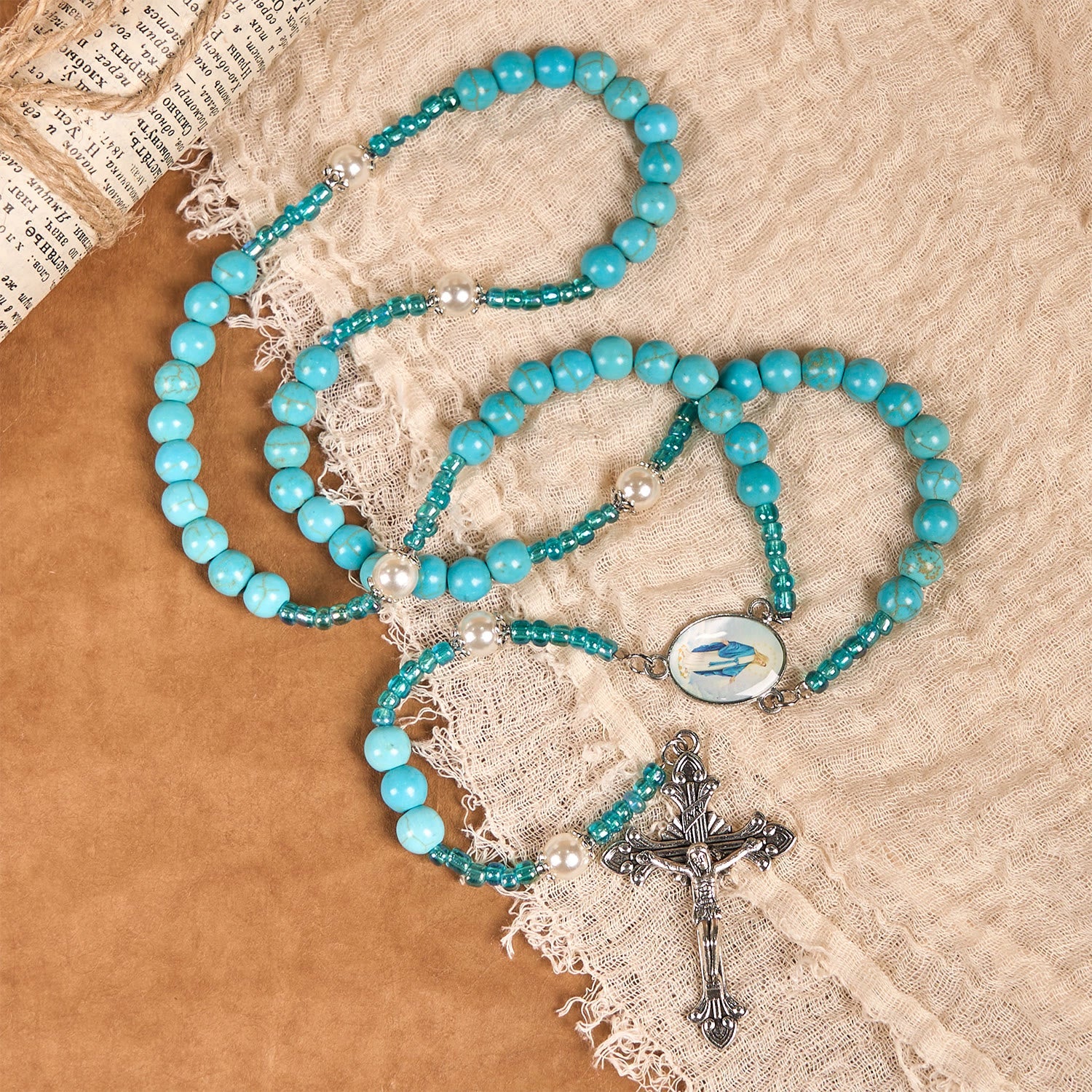 Christiandiscipleshop Our Lady Medal & Crucifix of 8mm Blue Turquoise Round Beads Rosary