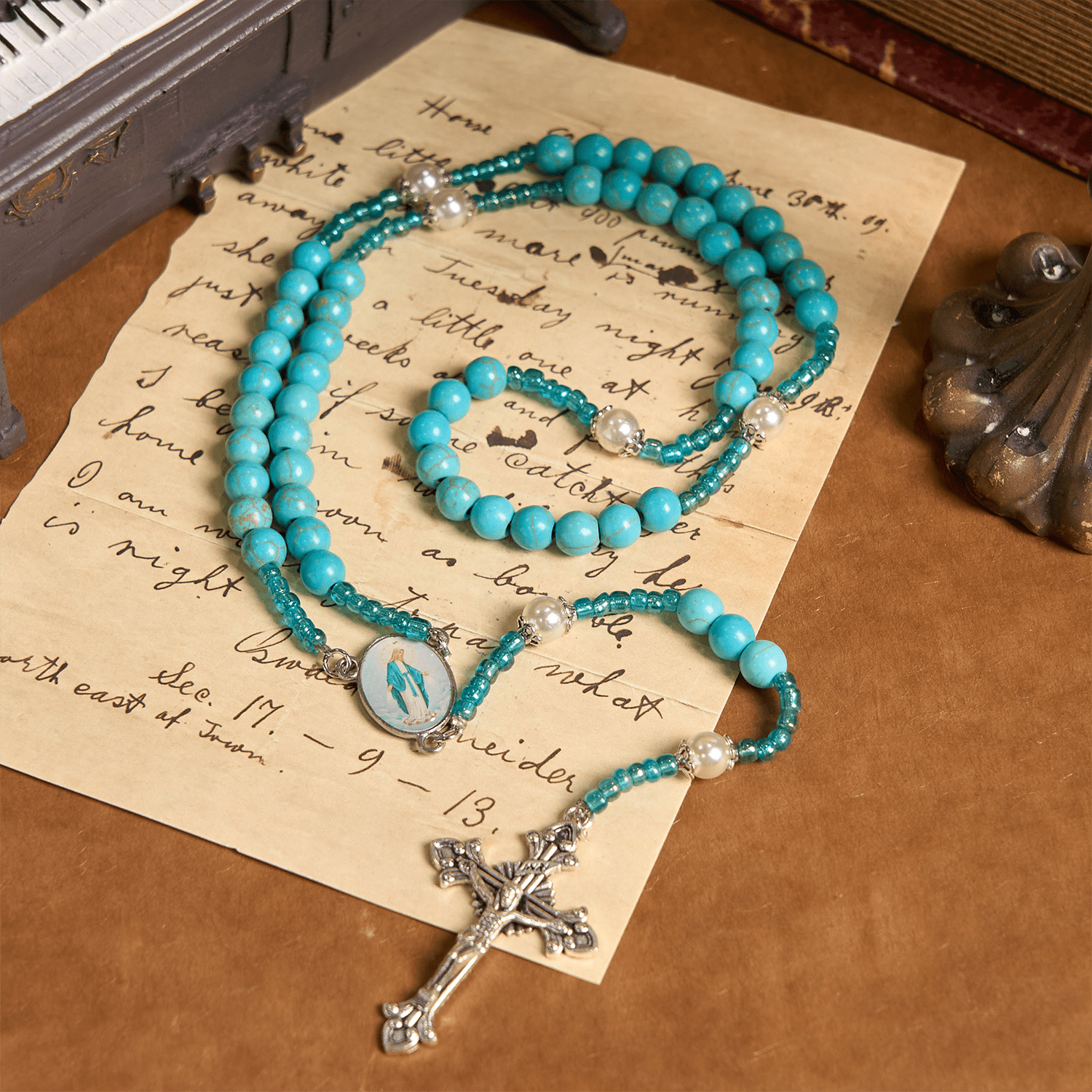 Christiandiscipleshop Our Lady Medal & Crucifix of 8mm Blue Turquoise Round Beads Rosary
