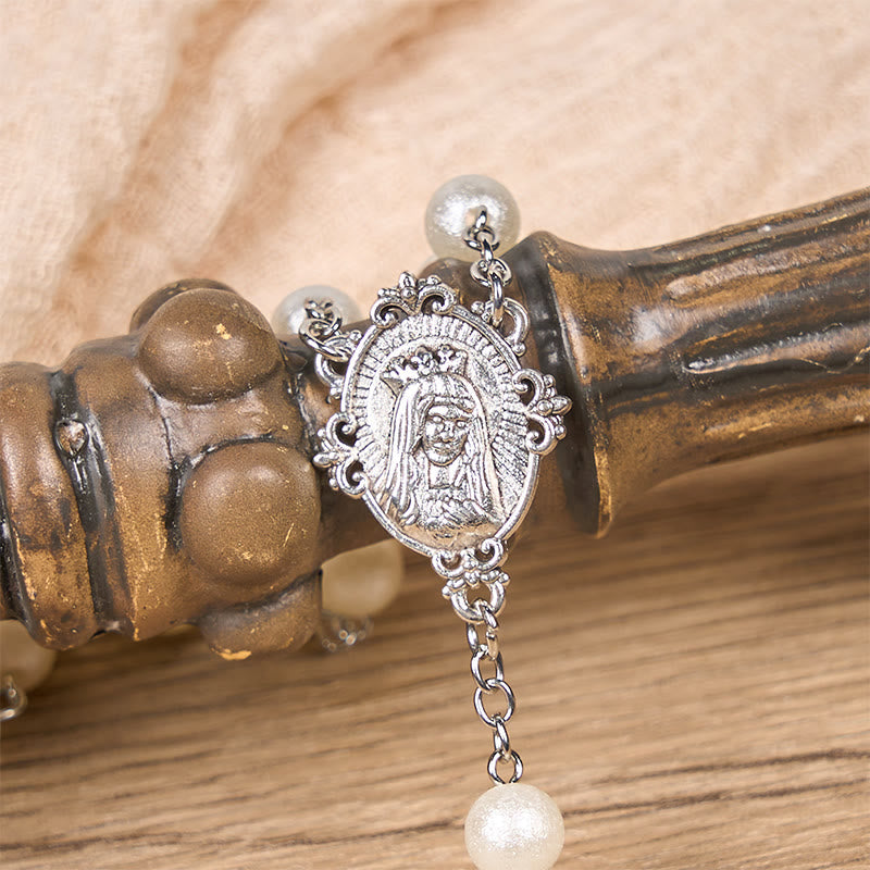 Christiandiscipleshop Our Lady Medal & Crucifix of 8mm White Acrylic Round Beads Rosary