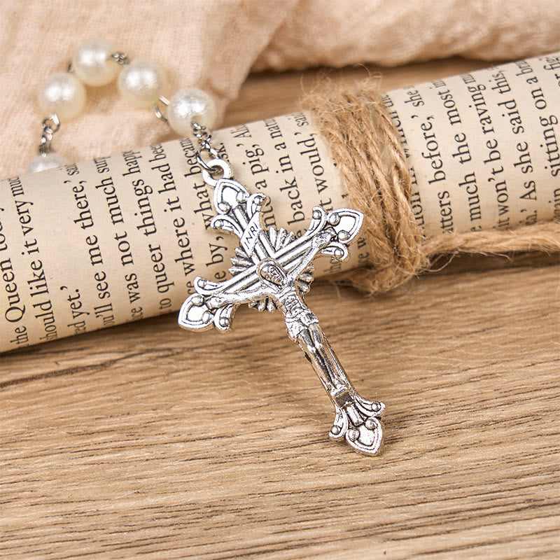 Christiandiscipleshop Our Lady Medal & Crucifix of 8mm White Acrylic Round Beads Rosary