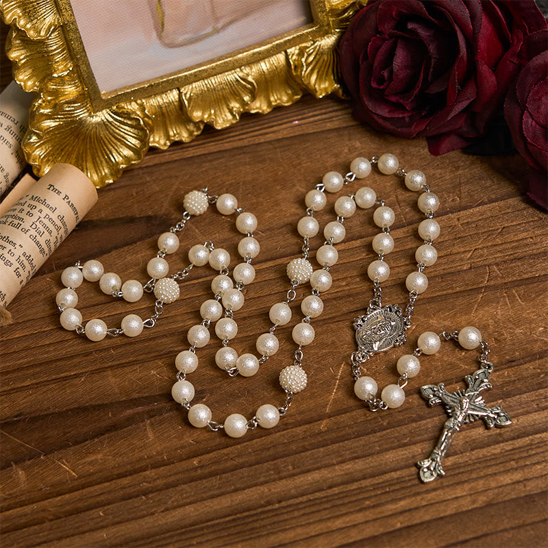 Christiandiscipleshop Our Lady Medal & Crucifix of 8mm White Acrylic Round Beads Rosary