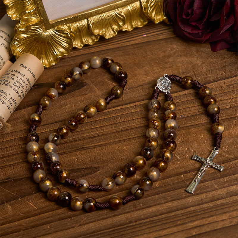 Christiandiscipleshop Our Lady Medal & Crucifix of 10mm Brown Acrylic Round Beads Divine Rosary