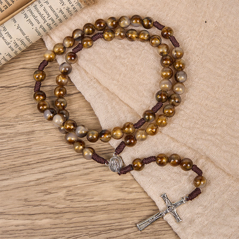 Christiandiscipleshop Our Lady Medal & Crucifix of 10mm Brown Acrylic Round Beads Divine Rosary