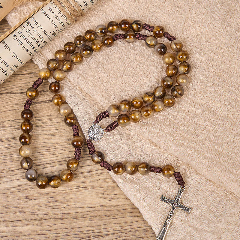 Christiandiscipleshop Our Lady Medal & Crucifix of 10mm Brown Acrylic Round Beads Divine Rosary