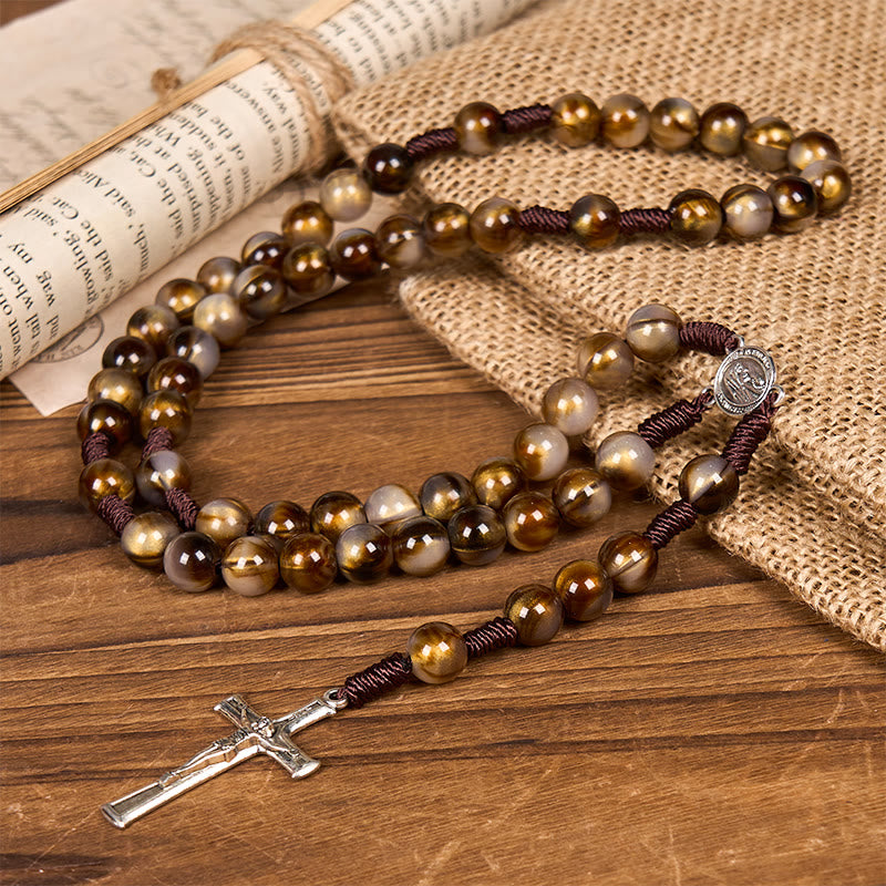 Christiandiscipleshop Our Lady Medal & Crucifix of 10mm Brown Acrylic Round Beads Divine Rosary