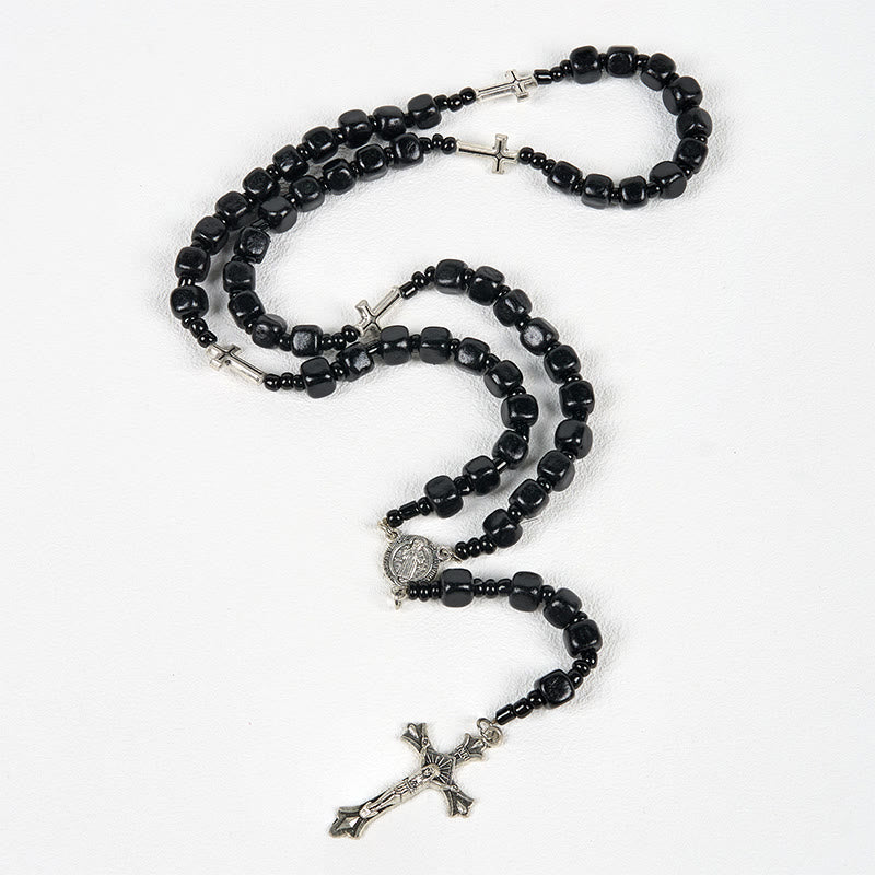 Christiandiscipleshop St. Benedict Medal & Crucifix of 8mm Black Wood Round Beads Rosary