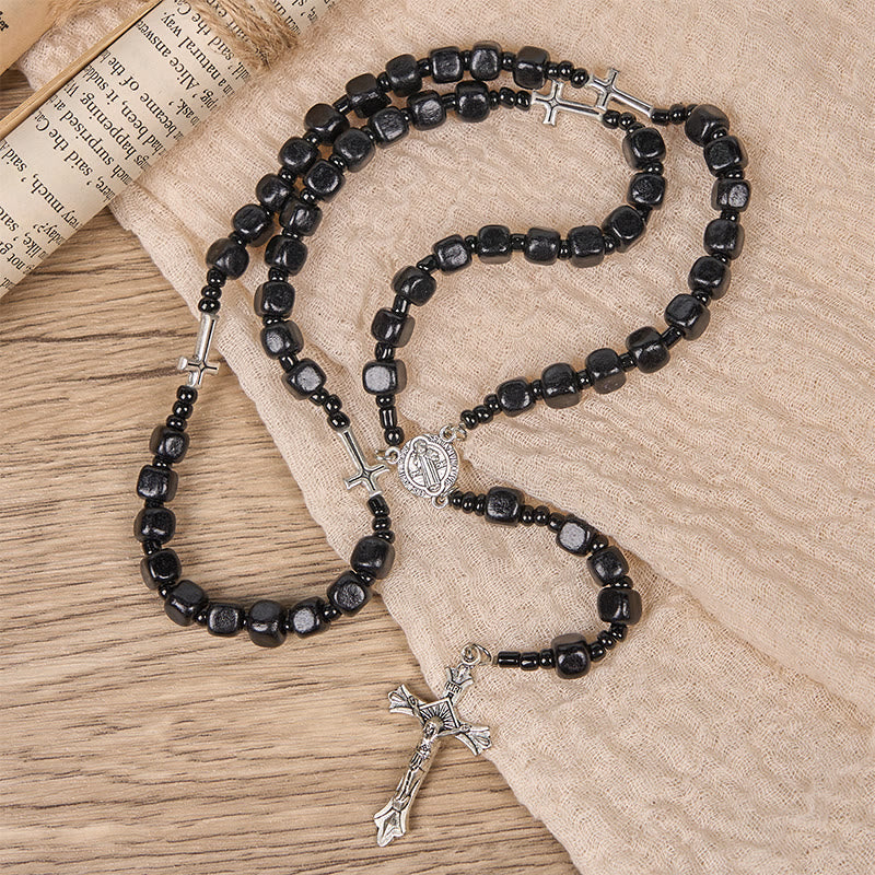Christiandiscipleshop St. Benedict Medal & Crucifix of 8mm Black Wood Round Beads Rosary