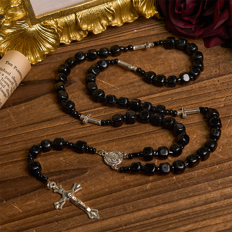 Christiandiscipleshop St. Benedict Medal & Crucifix of 8mm Black Wood Round Beads Rosary