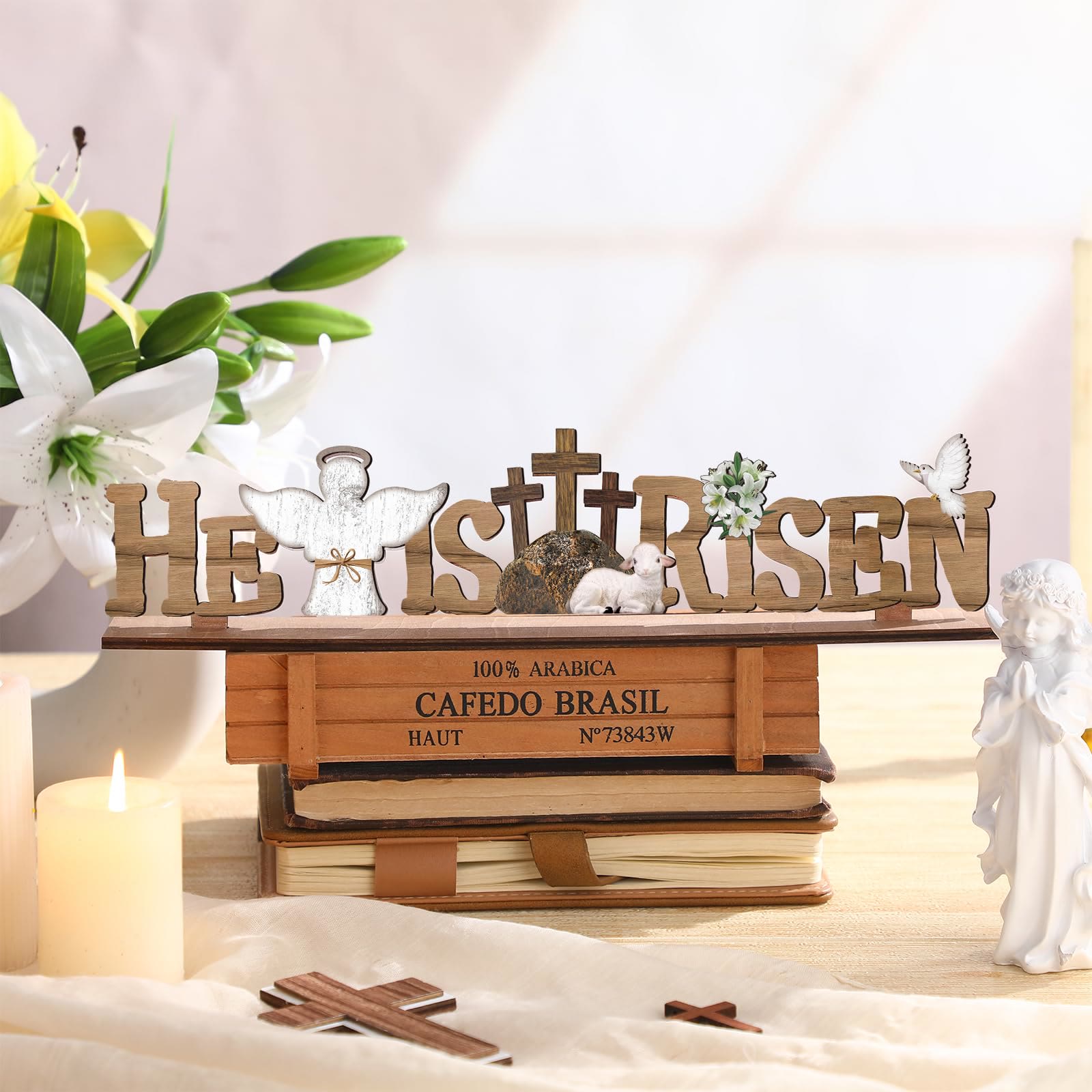 Christianartworkshop "He Is Risen" & Lamb & Angel & Dove Wooden Easter Dekstop Decor Ornament