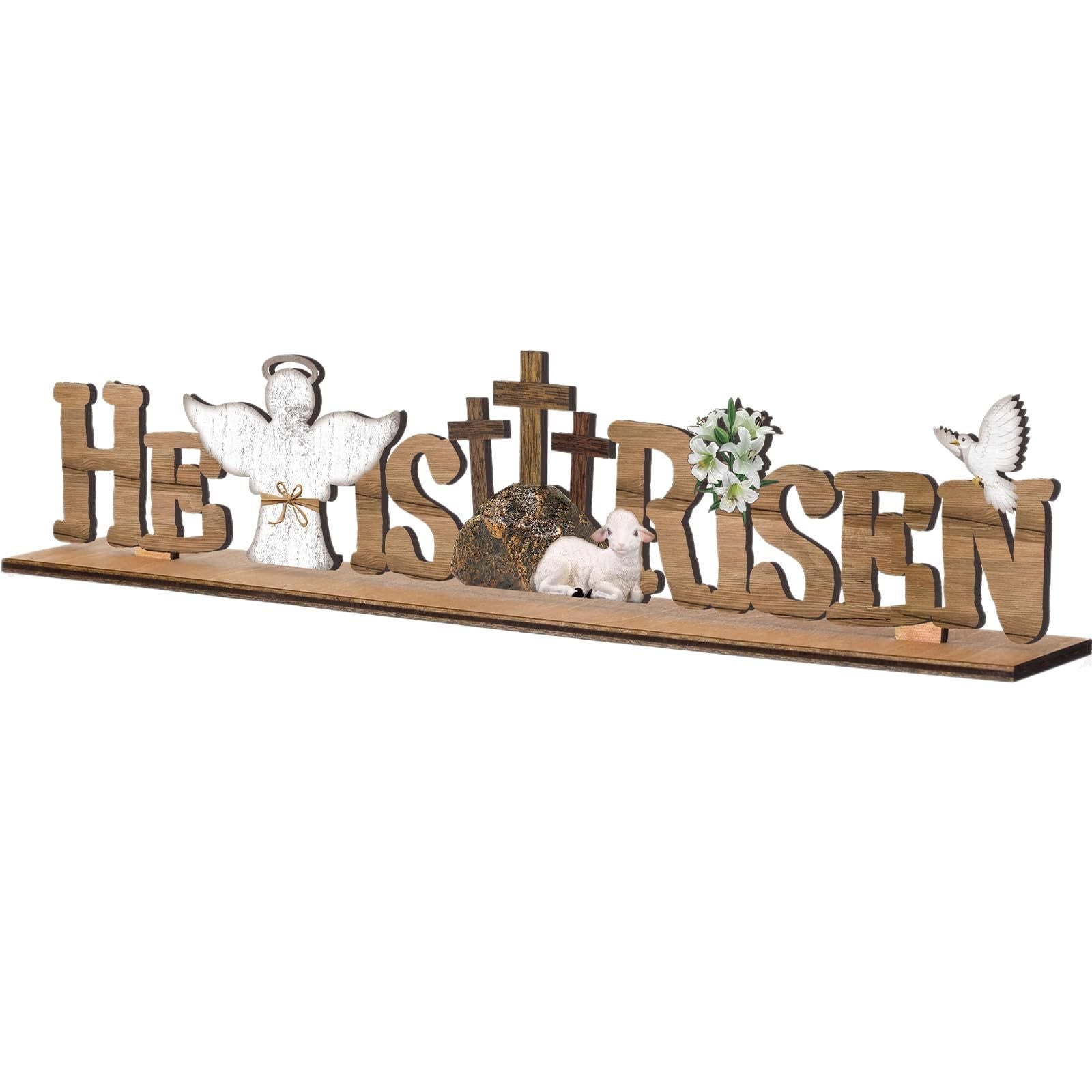 Christianartworkshop "He Is Risen" & Lamb & Angel & Dove Wooden Easter Dekstop Decor Ornament