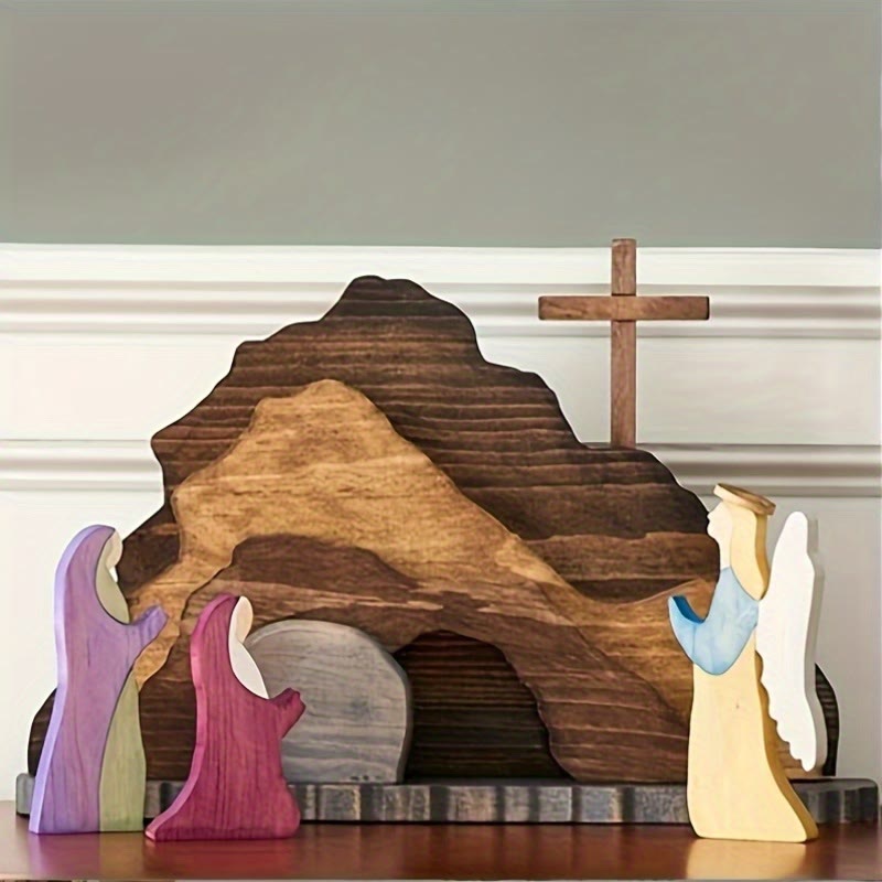 christiandiscipleshop He is Risen Cross and Angels Wooden Easter Dekstop Decor Ornament