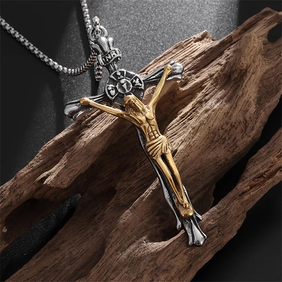 christiandiscipleshop Two-tone Steel Crafted Crucifix Necklace - The Divine Sacrifice