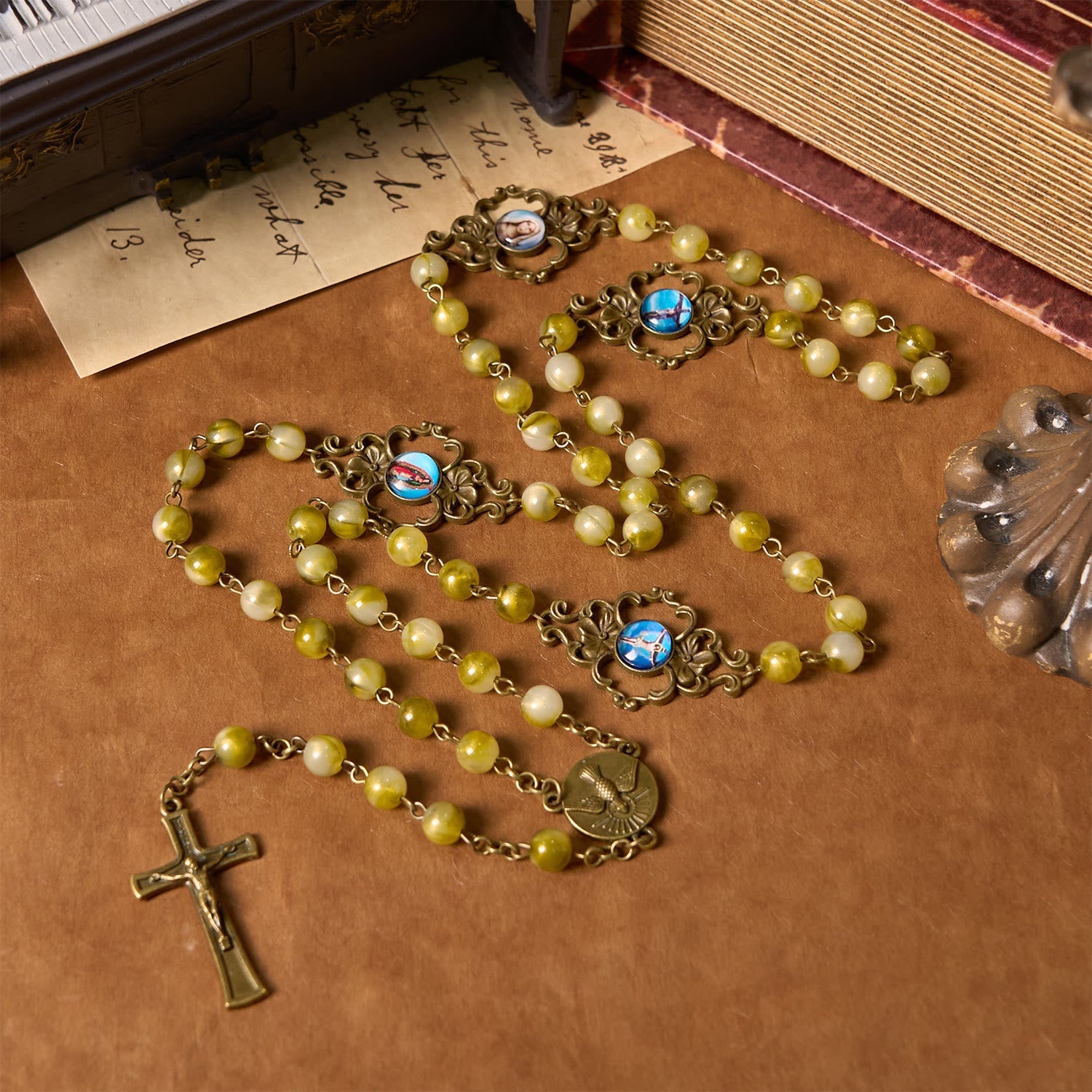 FREE Today: Holy Spirit & Crucifix of Special Vintage Metal Decade 8mm Yellow Green Beads Rosary