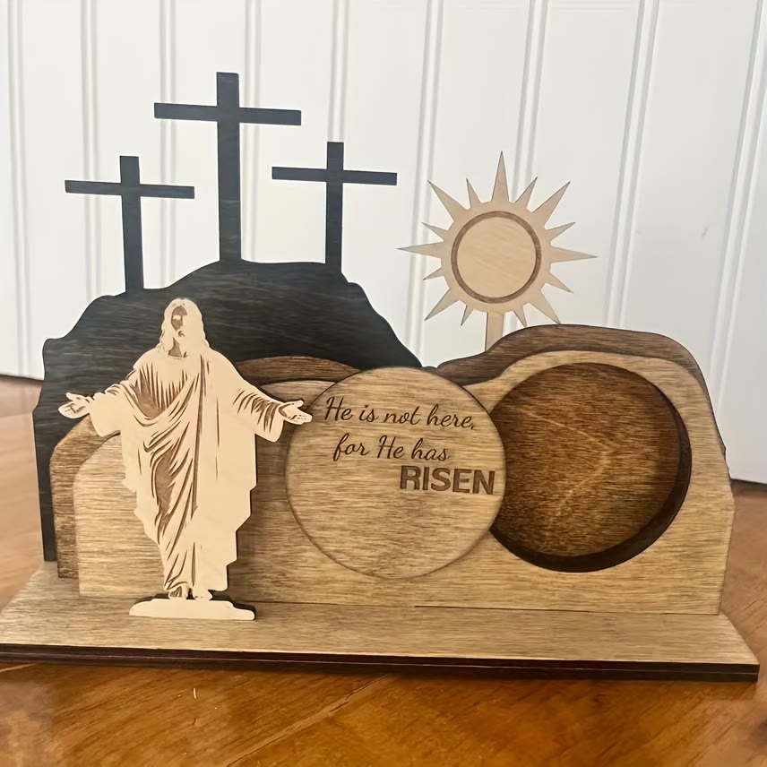 Christianartworkshop 7pcs/set "He Has Risen" Jesus Cross Wooden Easter Dekstop Decor Ornament