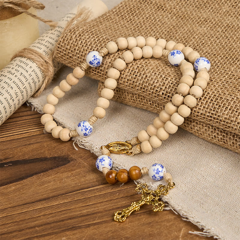 christiandiscipleshop Handmade Wooden Ceramics Beads Miraculous Medal & Crucifix Rosary