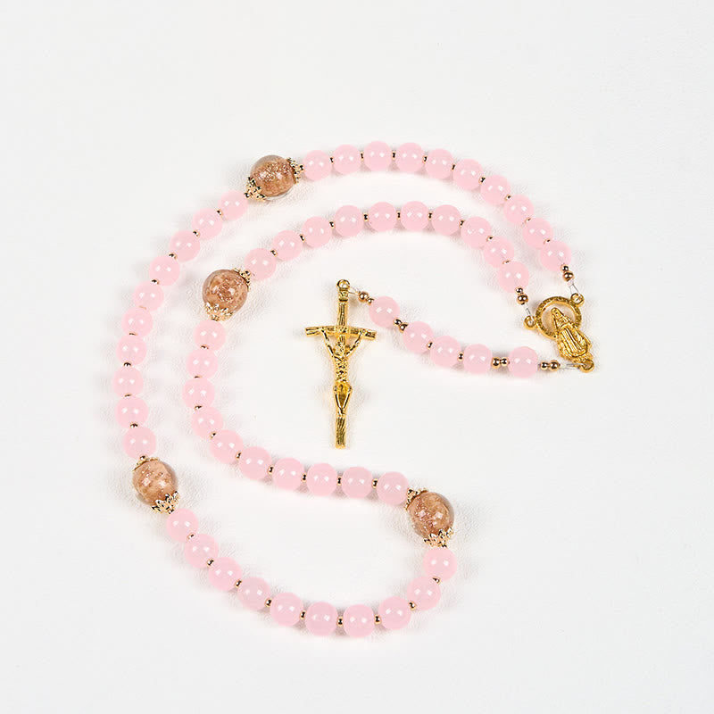 christiandiscipleshop Handmade Pink Chalcedony & Porcelain Golden Sand Our Father Beads Prayer Rosary
