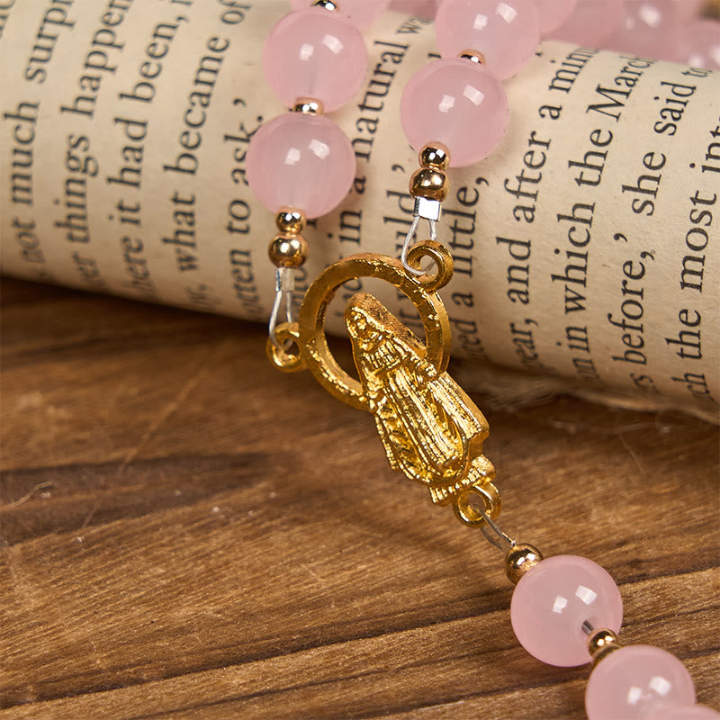 christiandiscipleshop Handmade Pink Chalcedony & Porcelain Golden Sand Our Father Beads Prayer Rosary
