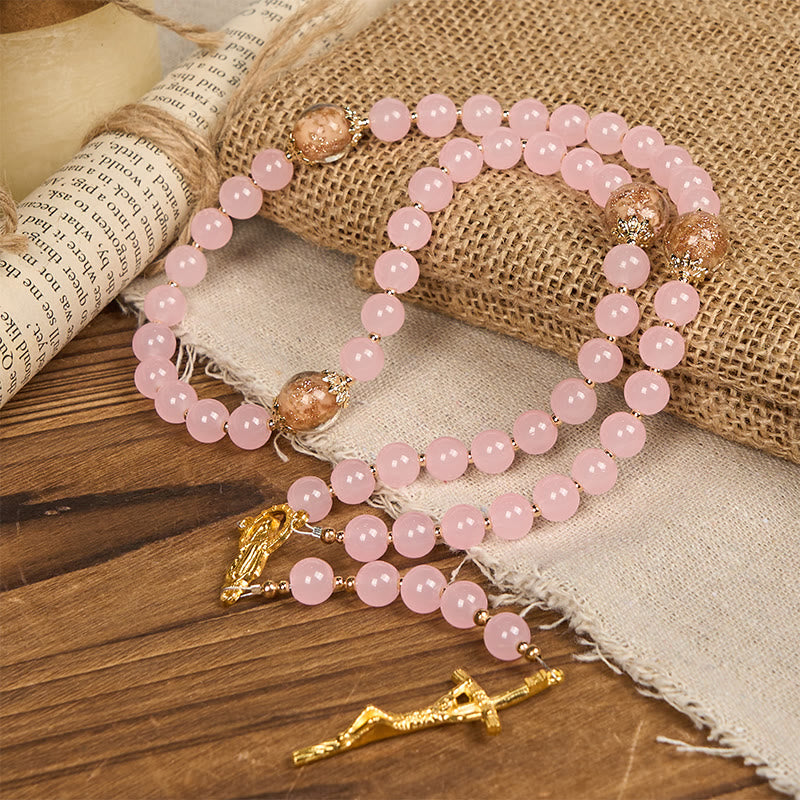 christiandiscipleshop Handmade Pink Chalcedony & Porcelain Golden Sand Our Father Beads Prayer Rosary