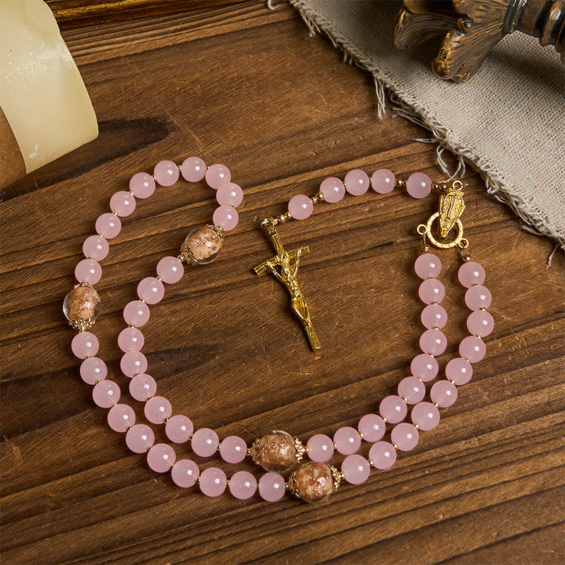 christiandiscipleshop Handmade Pink Chalcedony & Porcelain Golden Sand Our Father Beads Prayer Rosary