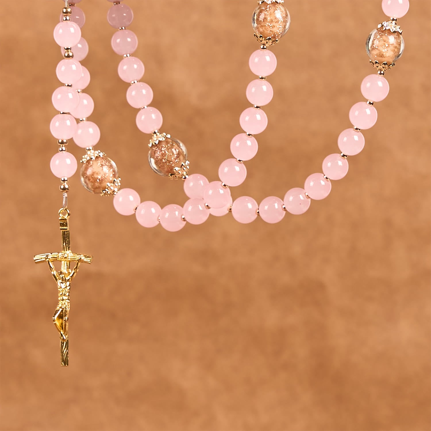 christiandiscipleshop Handmade Pink Chalcedony & Porcelain Golden Sand Our Father Beads Prayer Rosary