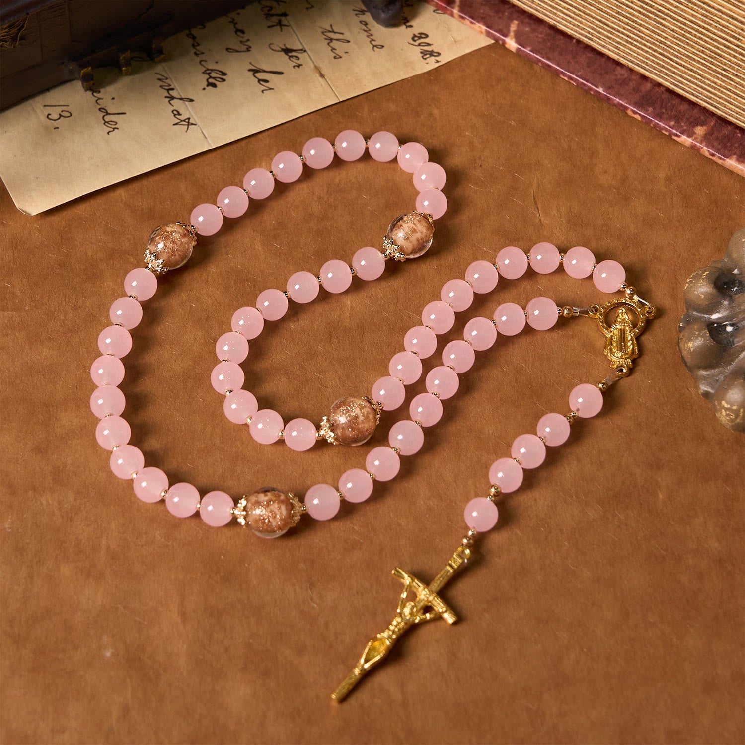 christiandiscipleshop Handmade Pink Chalcedony & Porcelain Golden Sand Our Father Beads Prayer Rosary