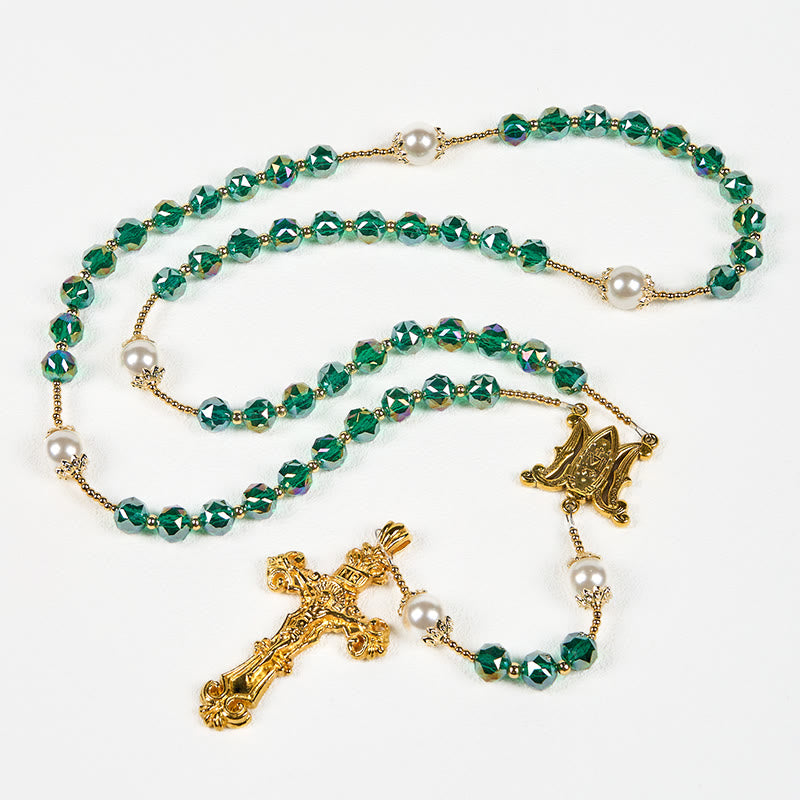 christiandiscipleshop Handmade Emerald Green Crystal & Pearl Our Father Beads Divine Grace Rosary