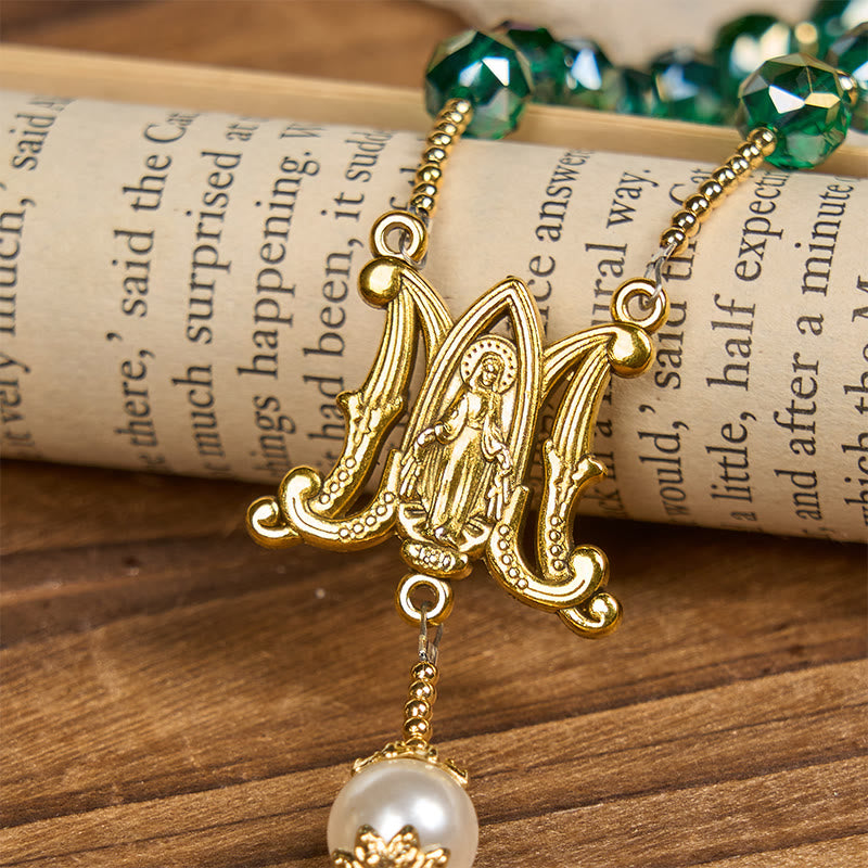 christiandiscipleshop Handmade Emerald Green Crystal & Pearl Our Father Beads Divine Grace Rosary
