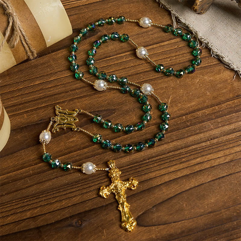 christiandiscipleshop Handmade Emerald Green Crystal & Pearl Our Father Beads Divine Grace Rosary