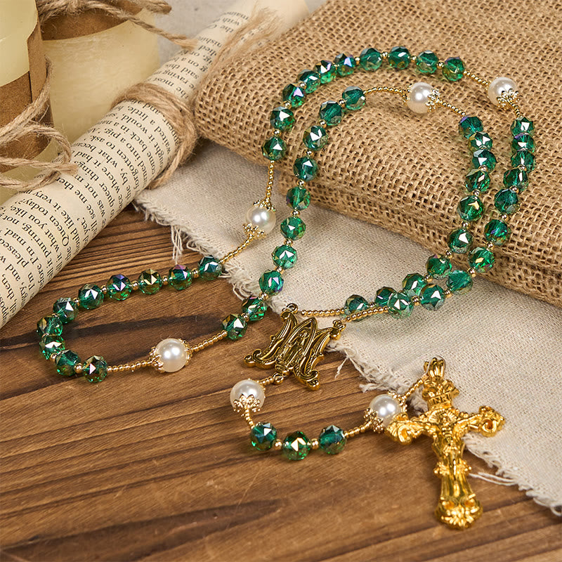 christiandiscipleshop Handmade Emerald Green Crystal & Pearl Our Father Beads Divine Grace Rosary