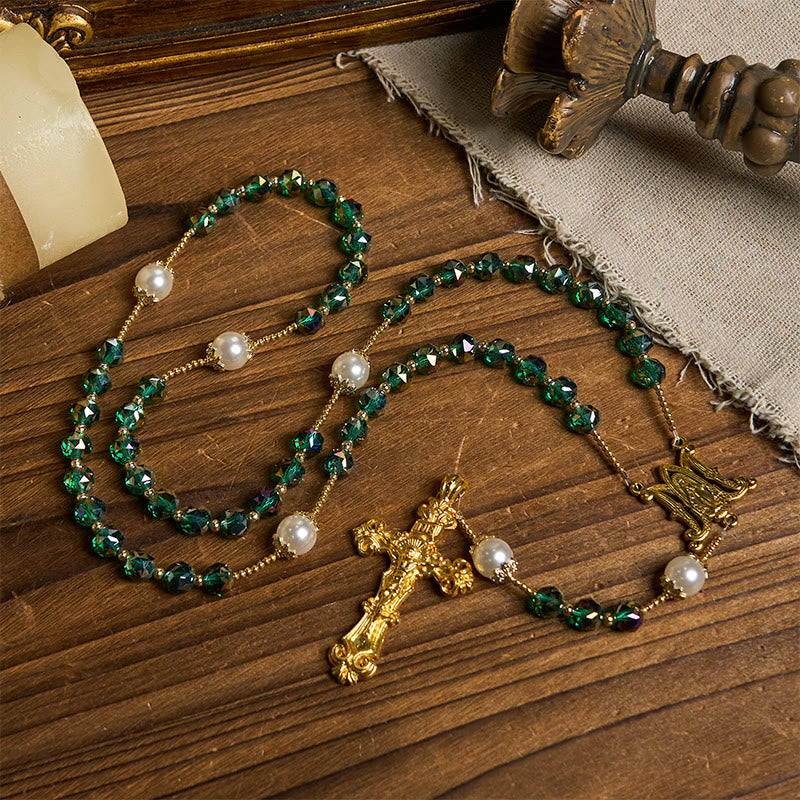 christiandiscipleshop Handmade Emerald Green Crystal & Pearl Our Father Beads Divine Grace Rosary