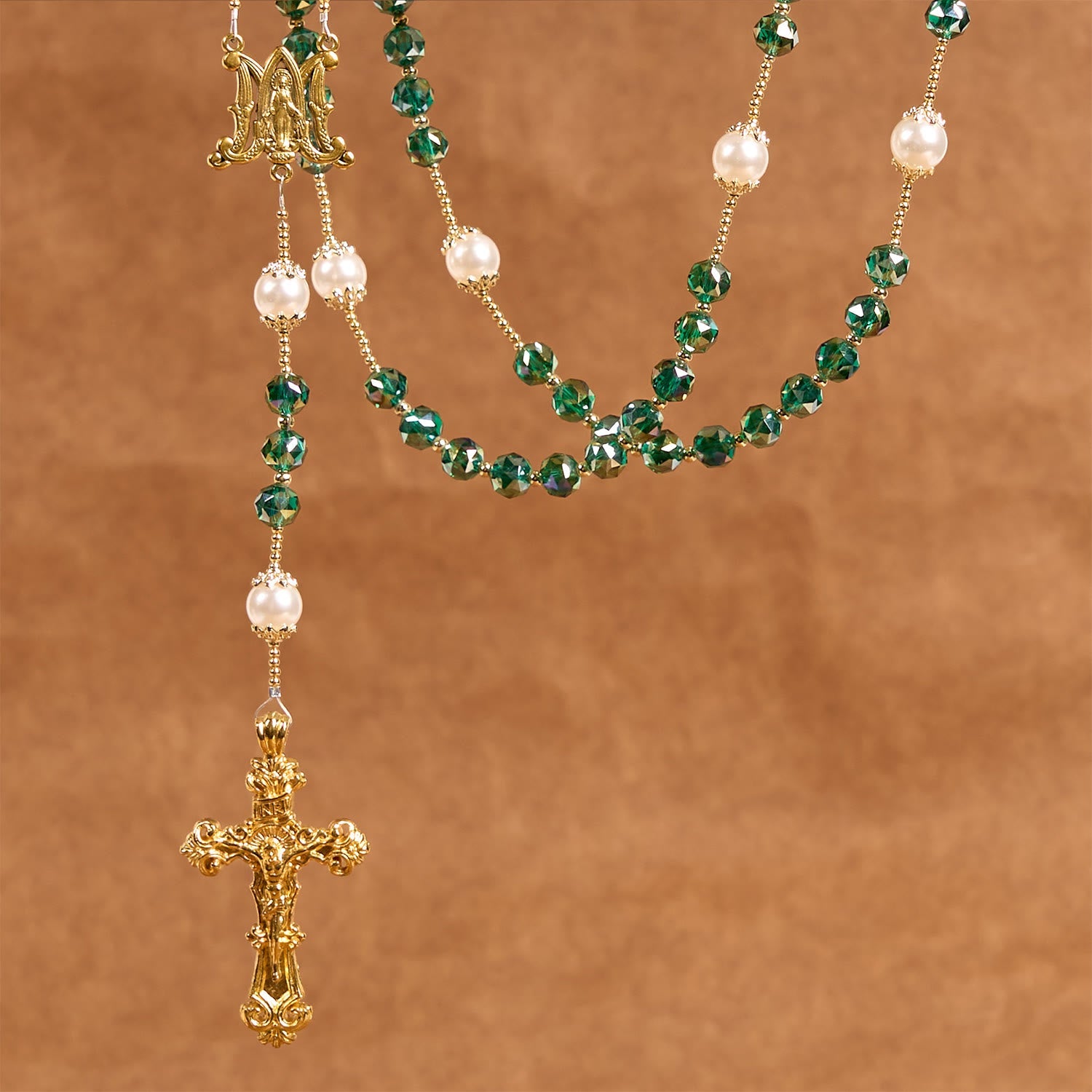christiandiscipleshop Handmade Emerald Green Crystal & Pearl Our Father Beads Divine Grace Rosary