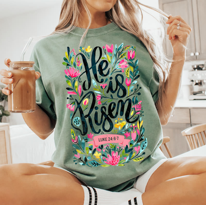 christiandiscipleshop He Is Risen Floral Print Graphic T-Shirt