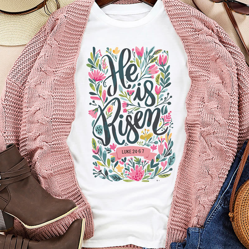 christiandiscipleshop He Is Risen Floral Print Graphic T-Shirt