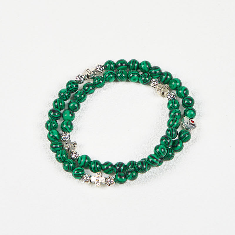 Christiandiscipleshop Green Malachite Beads Cross I Love Jesus Faith Rosary Bracelet