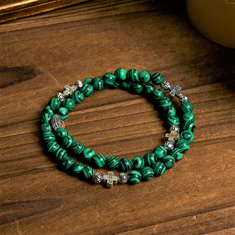 Christiandiscipleshop Green Malachite Beads Cross I Love Jesus Faith Rosary Bracelet