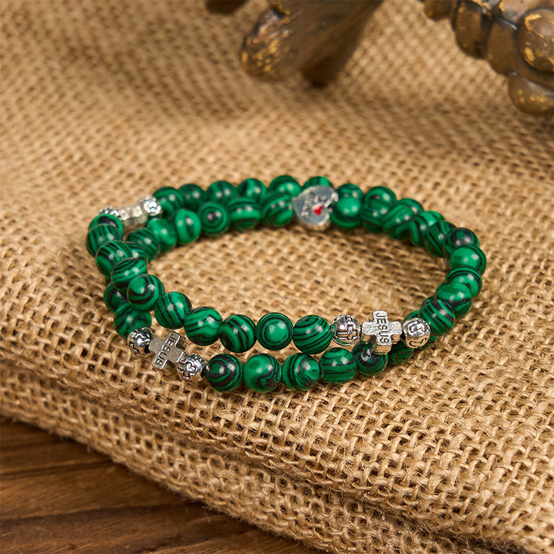 Christiandiscipleshop Green Malachite Beads Cross I Love Jesus Faith Rosary Bracelet