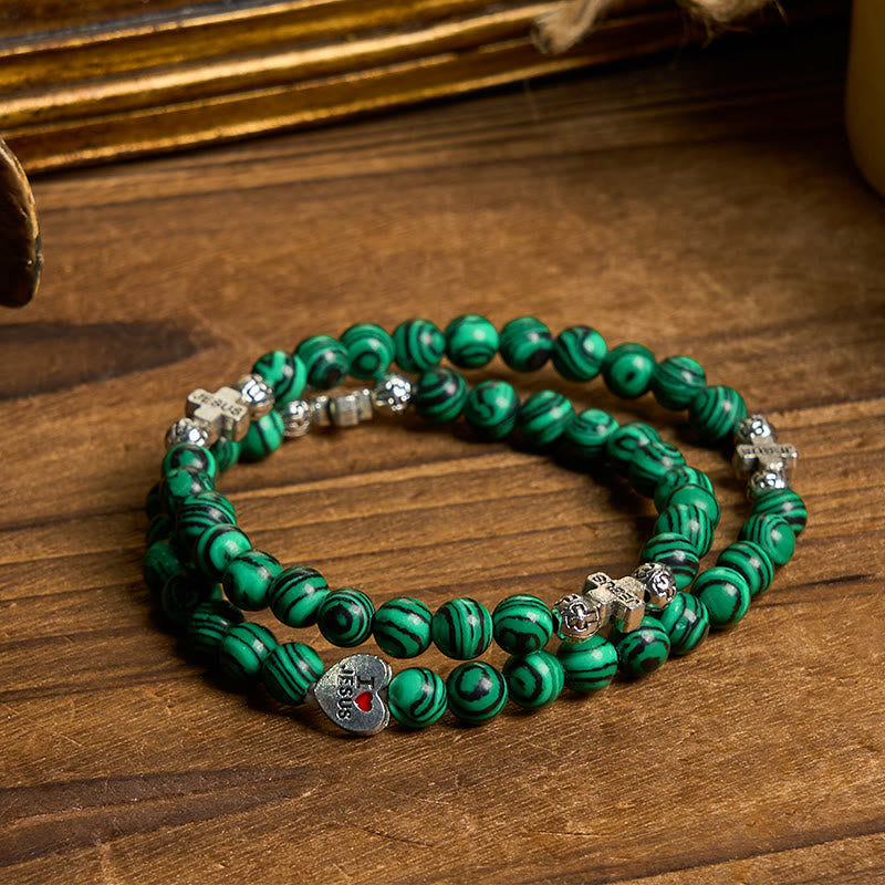 Christiandiscipleshop Green Malachite Beads Cross I Love Jesus Faith Rosary Bracelet