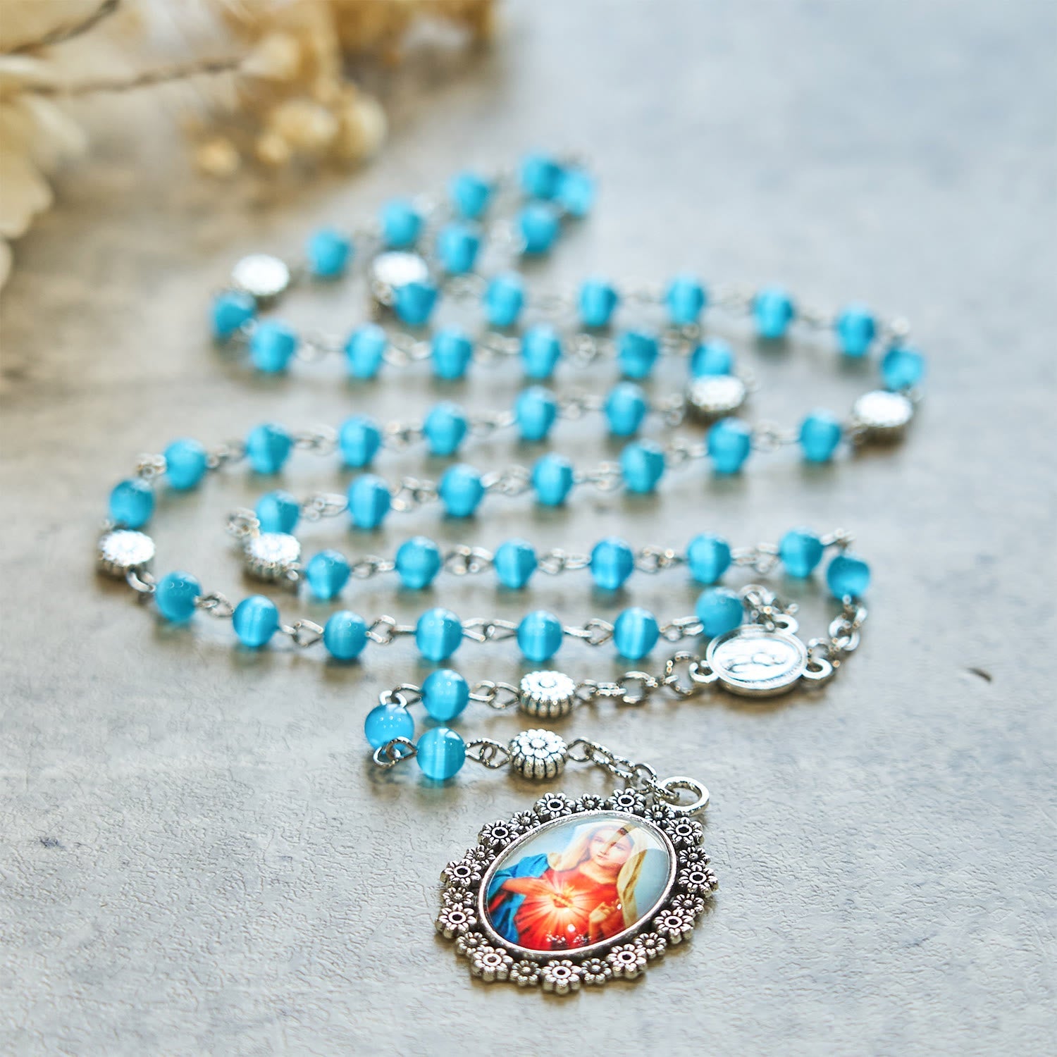 christiandiscipleshop Immaculate Heart of Mary 6mm Glass Shiny Beads Lake Blue 7 Sorrows Rosary
