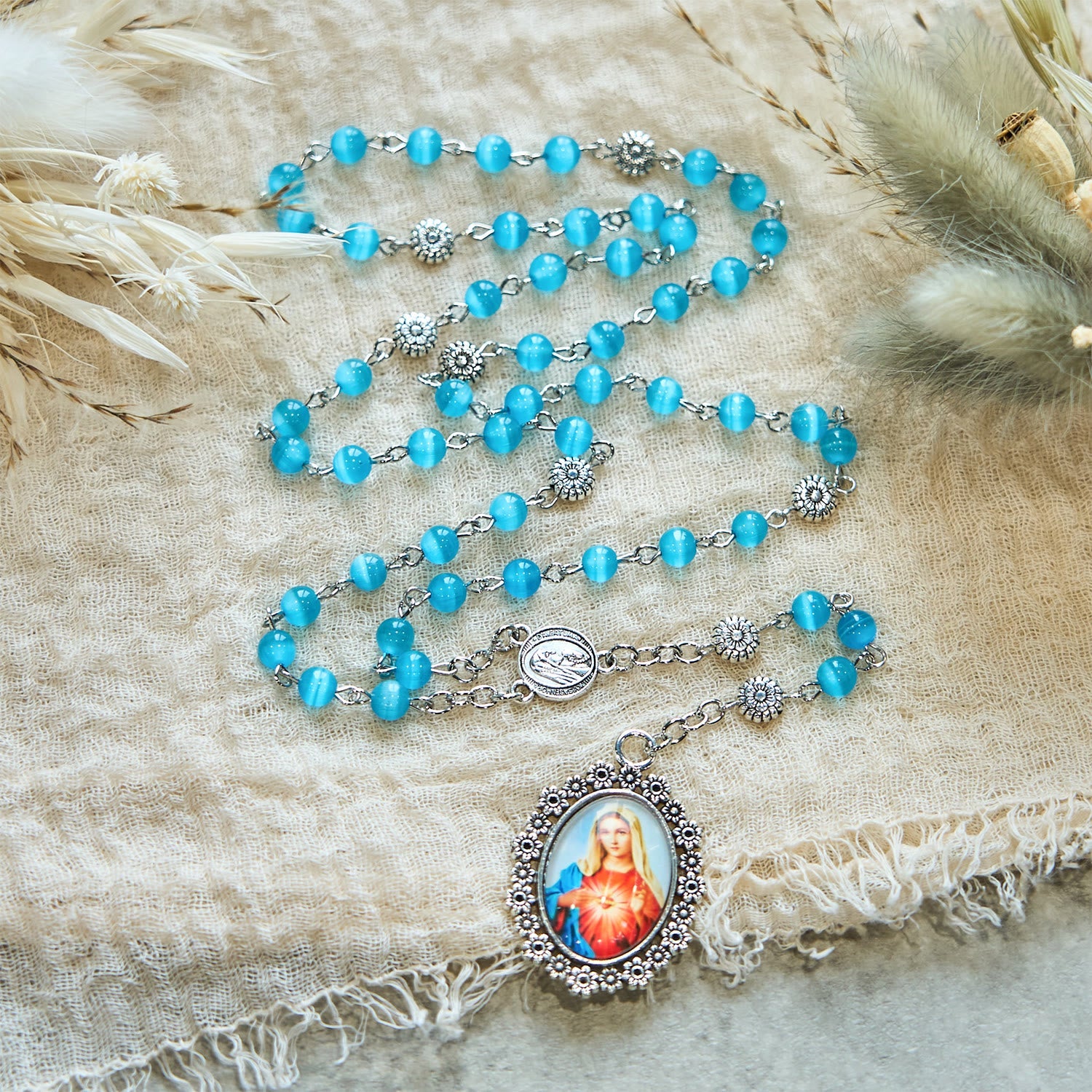 christiandiscipleshop Immaculate Heart of Mary 6mm Glass Shiny Beads Lake Blue 7 Sorrows Rosary