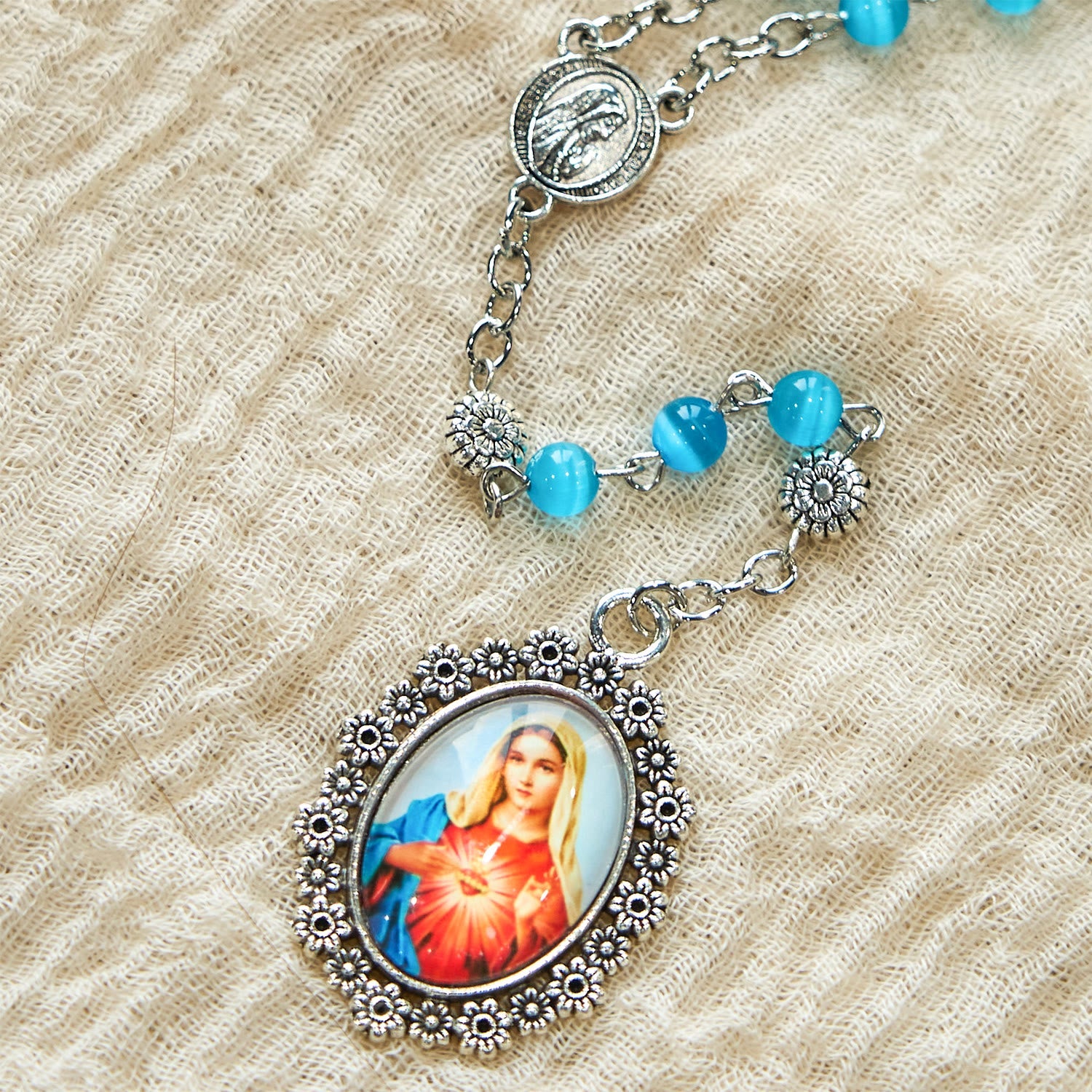 christiandiscipleshop Immaculate Heart of Mary 6mm Glass Shiny Beads Lake Blue 7 Sorrows Rosary