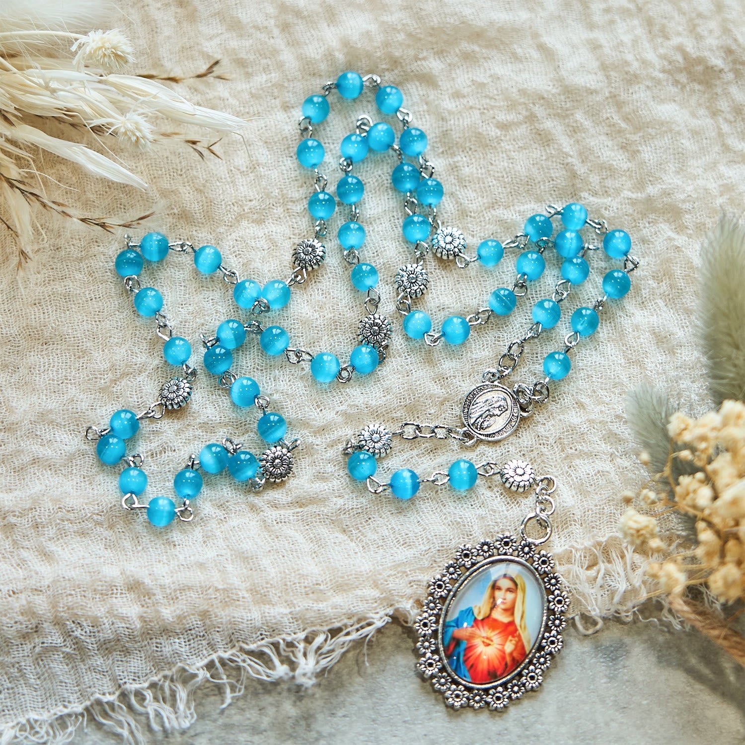 christiandiscipleshop Immaculate Heart of Mary 6mm Glass Shiny Beads Lake Blue 7 Sorrows Rosary