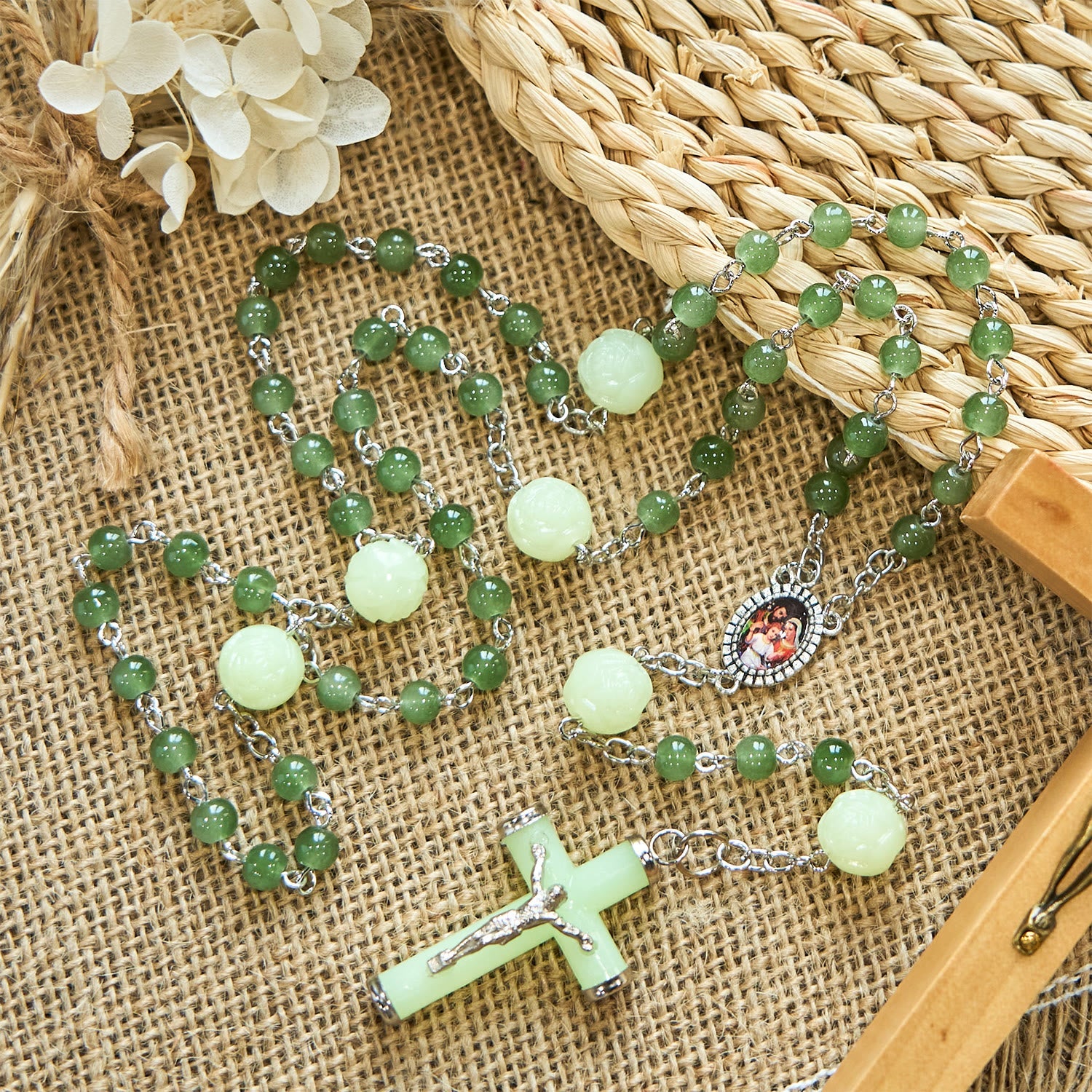 christiandiscipleshop Jade & Luminous Rose Our Father Beads Glowing Faith Rosary: A Divine Companion