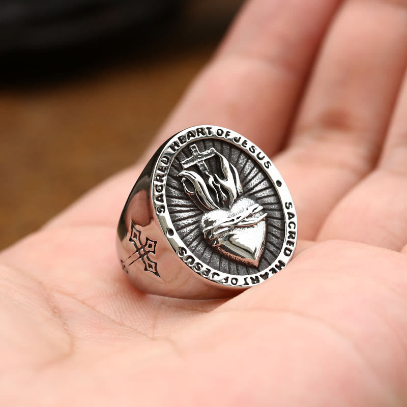 Christianartworkshop 3 Colors Sacred Heart Of Jesus Cross Faith Spirit Blessing Ring