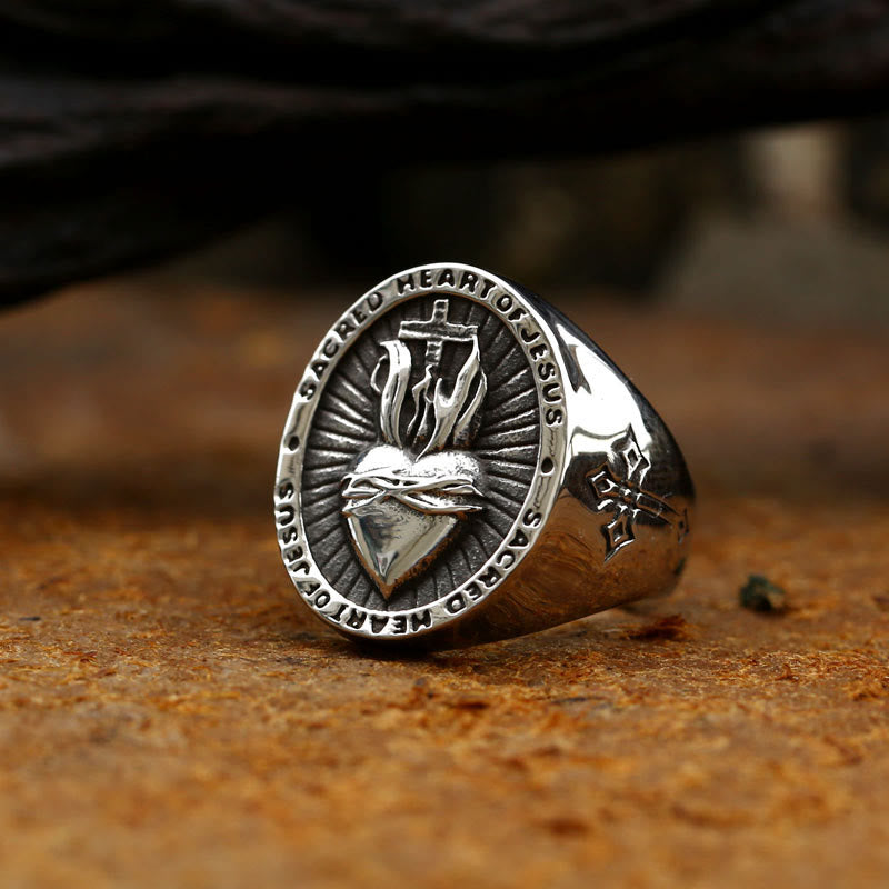 Christianartworkshop 3 Colors Sacred Heart Of Jesus Cross Faith Spirit Blessing Ring